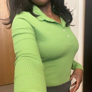 H&M Green Ribbed Collared Long Sleeve Shirt